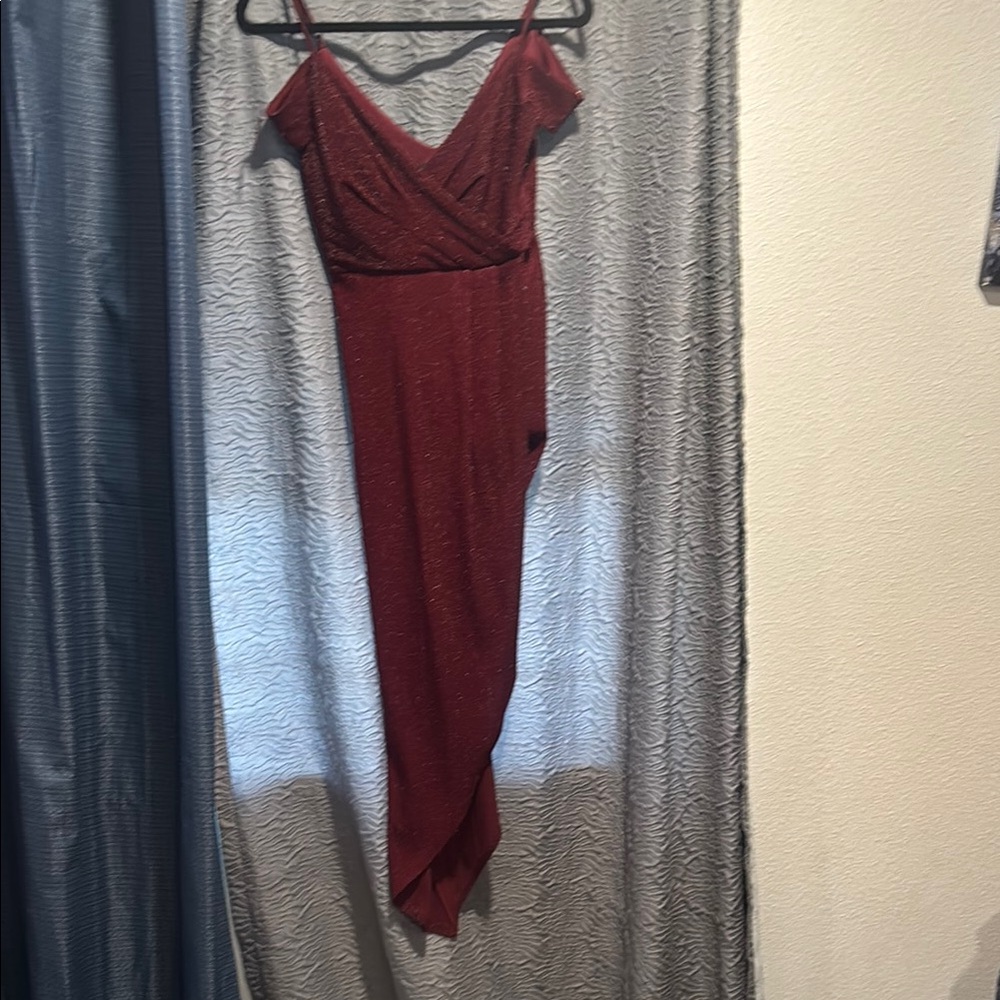 Teeze Me Red Asymmetrical Gown with Spaghetti Straps